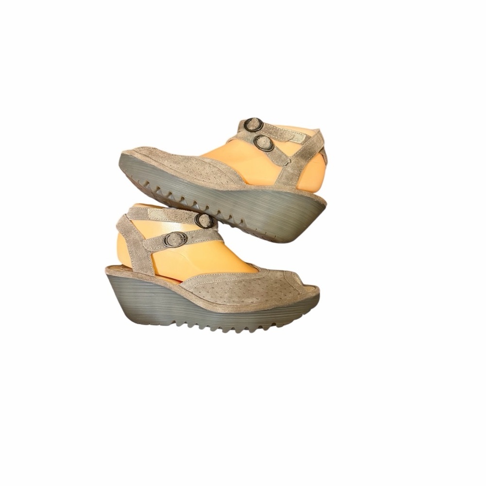 Fly London Beige and Gray Wedge Sandals - Picture 5 of 6